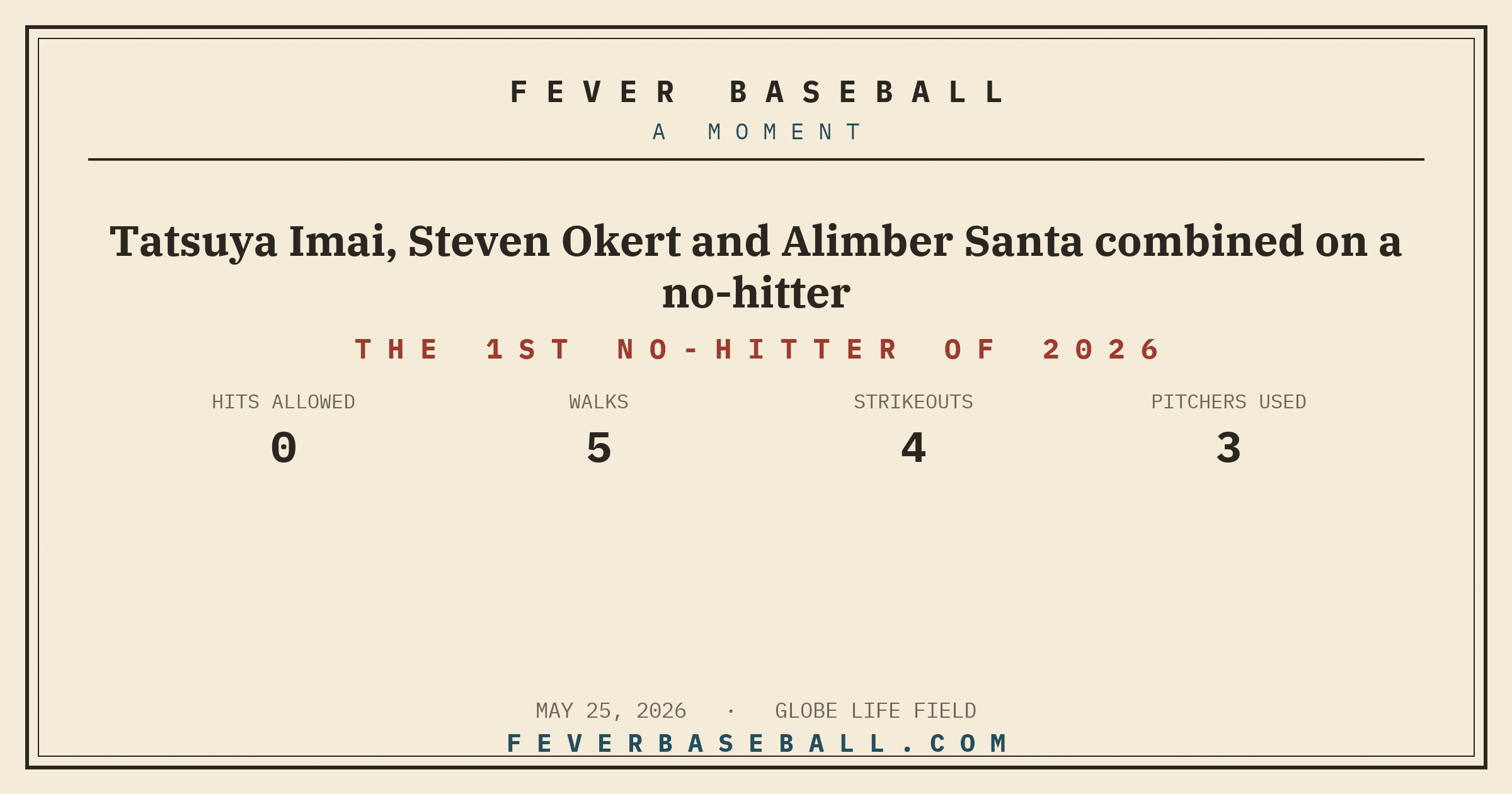 Tatsuya Imai, Steven Okert and Alimber Santa combined on a no-hitter. A completed game without a hit allowed.