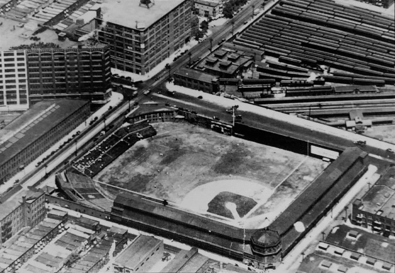 Baker Bowl, 1928 — The Baker Bowl in 1928, with the soon-to-be-demolished Huntingdon Street station at right
