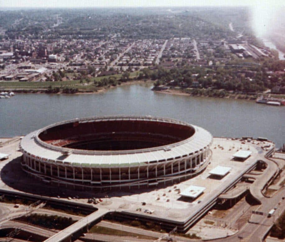 Cinergy Field, 1980 — Riverfront Stadium in Cincinnati, Ohio. This is a view of Riverfront Stadium, home of the Cincinnati Reds as seen in 1980. The Roebling Suspension Bridge is barely seen on the righ