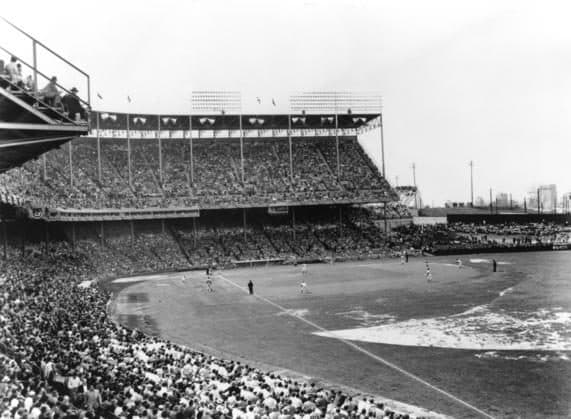 Municipal Stadium, 1955 — Kansas City Athletics play their first game at Municipal Stadium in Kansas City. Former President Harry S. Truman (not visible in this photograph) attended the game. Copyright list