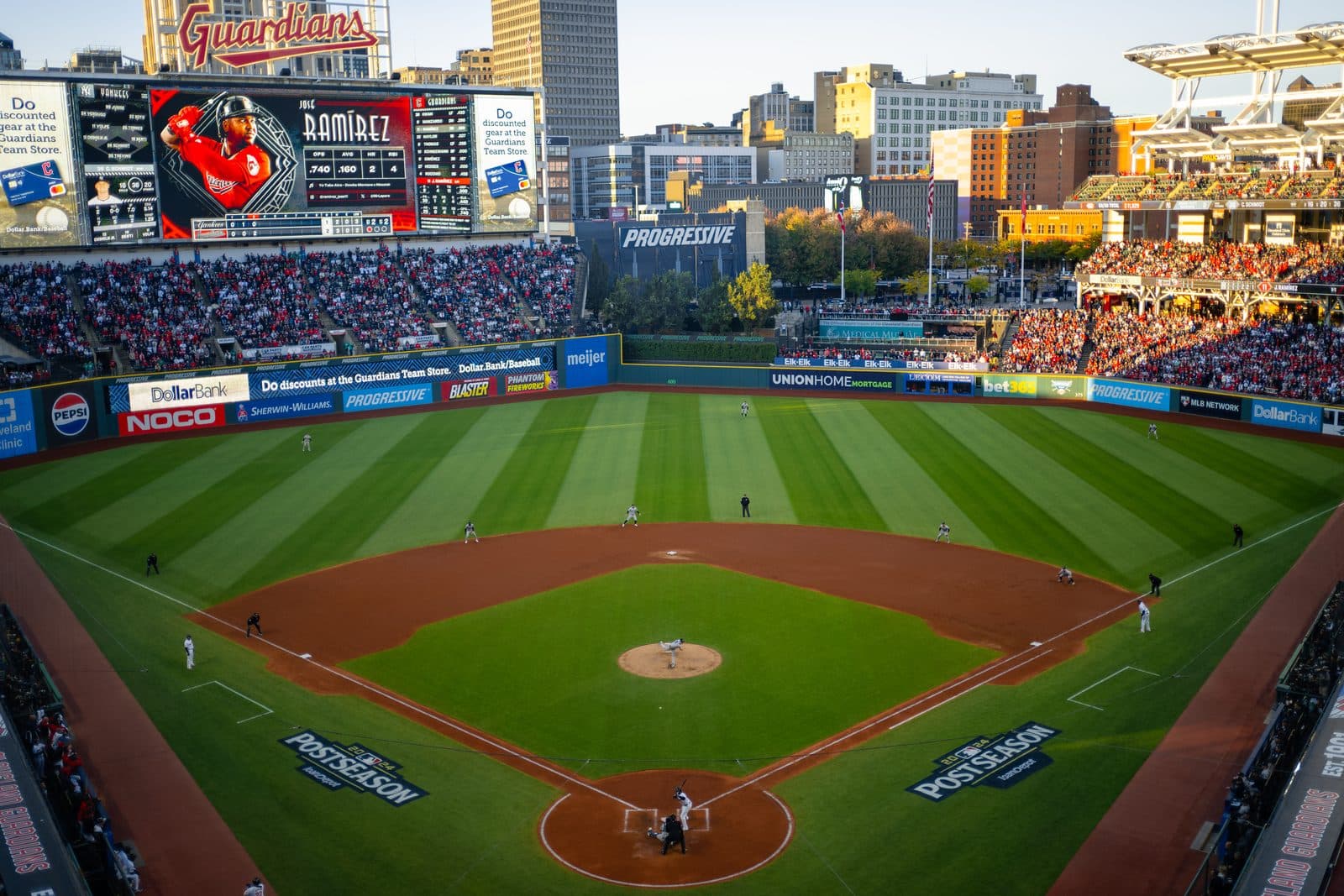 Progressive Field, 2024 — The interior of Progressive Field in Cleveland, Ohio, during Game 3 of the 2024 American League Championship Series between the New York Yankees and the Cleveland Guardians, on Oct