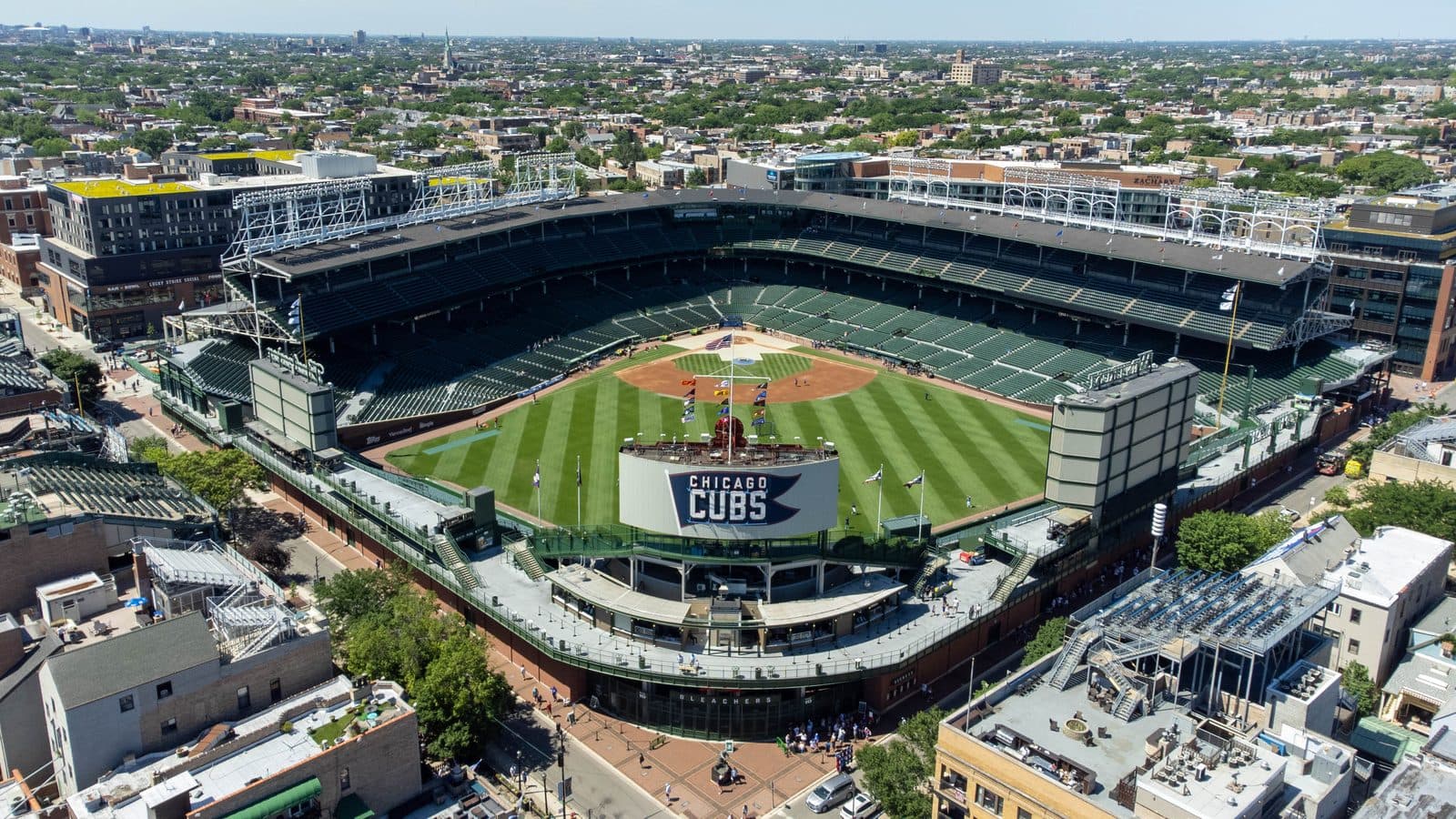 Wrigley Field, 2022 — Wrigley Field in line with the Chicago Cubs sign.